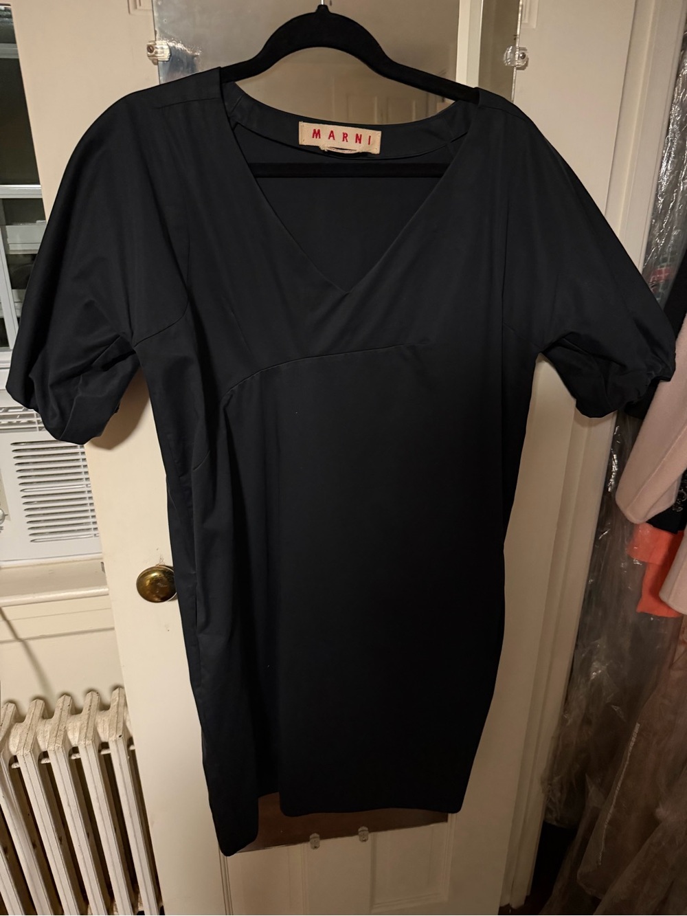 Marni Black V-Neck Midi Dress with Short Puff Sleeves